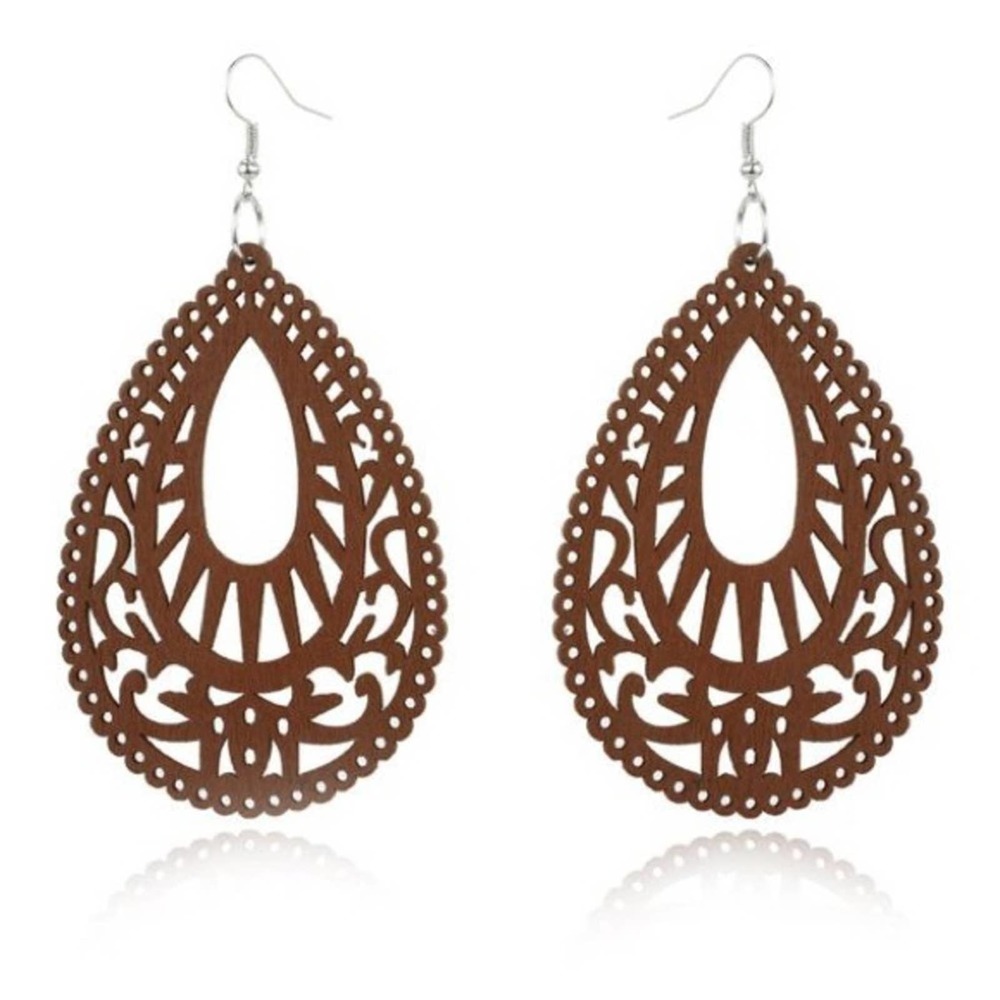Brown Carved Hollow Wood Water Drop Earrings - Picture 2 of 5
